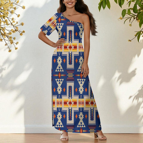 GB-NAT00062-04 Native American One-Sleeve Off-Shoulder Maxi Dress
