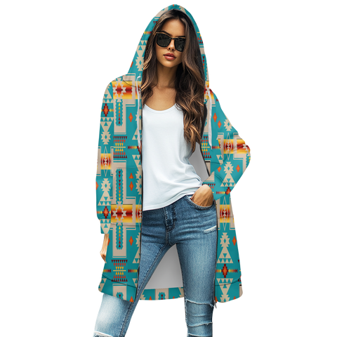 GB-NAT00062-05 Tribe Design Native Women's Mid-Length Hooded Sweatshirt Cardigan