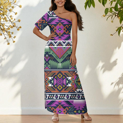 GB-NAT00071-02 Native American One-Sleeve Off-Shoulder Maxi Dress