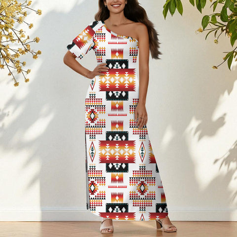 GB-NAT00075 Native American One-Sleeve Off-Shoulder Maxi Dress
