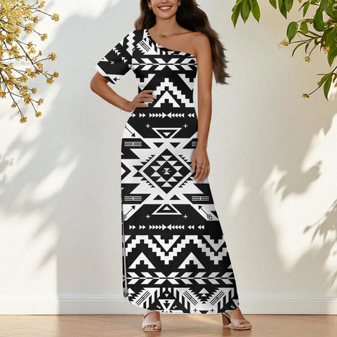 GB-NAT00441 Native American One-Sleeve Off-Shoulder Maxi Dress