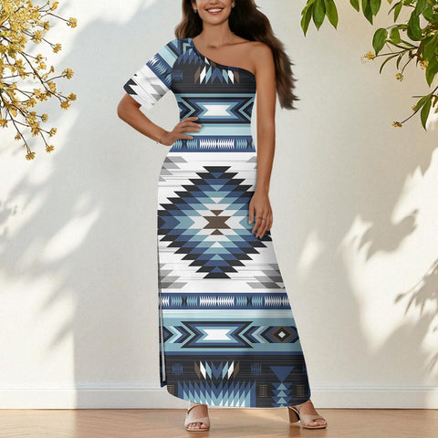 GB-NAT00528 Native American One-Sleeve Off-Shoulder Maxi Dress