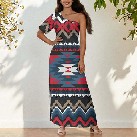 GB-NAT00529 Native American One-Sleeve Off-Shoulder Maxi Dress