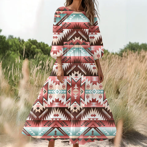GB-NAT00540 Native American Women Puff Sleeve Maxi Dress