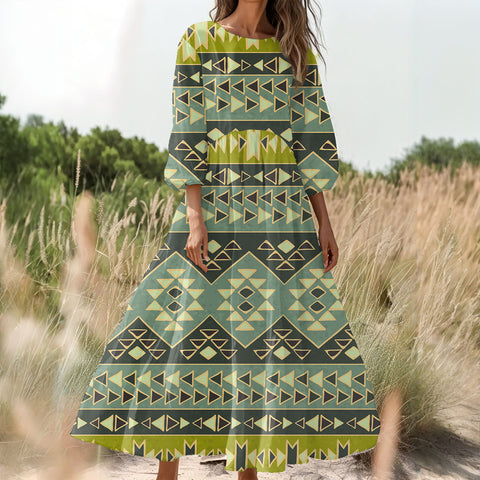 GB-NAT00570 Native American Women Puff Sleeve Maxi Dress