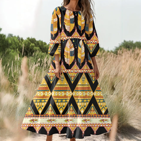 GB-NAT00589 Native American Women Puff Sleeve Maxi Dress