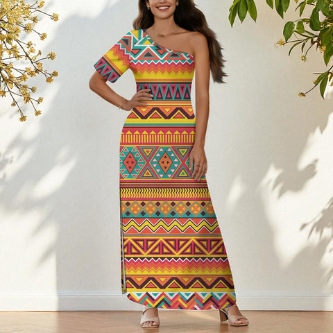 GB-NAT00591 Native American One-Sleeve Off-Shoulder Maxi Dress