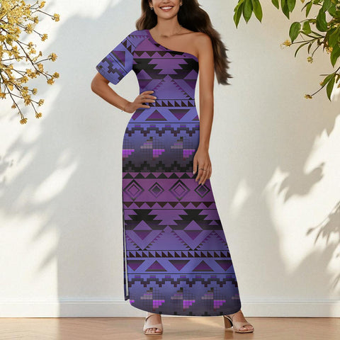 GB-NAT00601-02 Native American One-Sleeve Off-Shoulder Maxi Dress