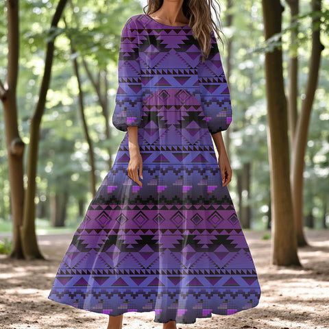 GB-NAT00601-02 Native American Women Puff Sleeve Maxi Dress