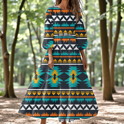 GB-NAT00605 Native American Women Puff Sleeve Maxi Dress