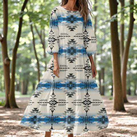 GB-NAT00608 Native American Women Puff Sleeve Maxi Dress