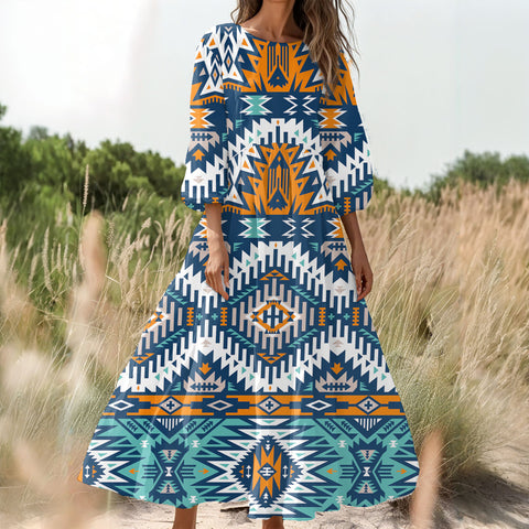 GB-NAT00614 Native American Women Puff Sleeve Maxi Dress