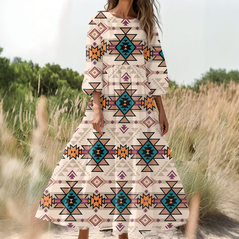GB-NAT00622 Native American Women Puff Sleeve Maxi Dress