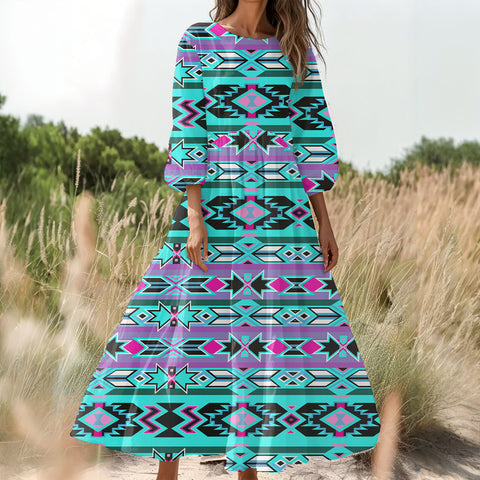 GB-NAT00645 Native American Women Puff Sleeve Maxi Dress