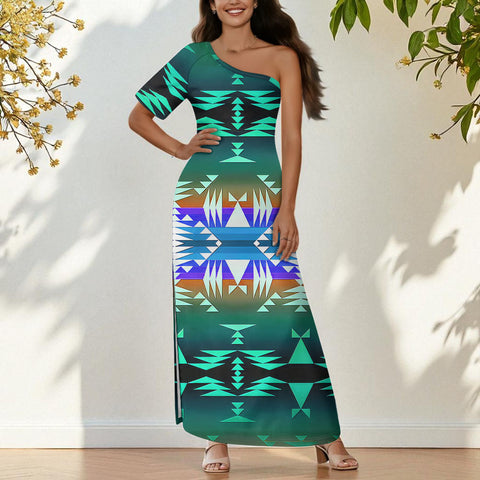 GB-NAT00654 Native American One-Sleeve Off-Shoulder Maxi Dress