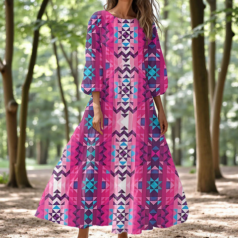 GB-NAT00673 Native American Women Puff Sleeve Maxi Dress