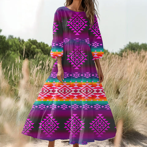 GB-NAT00680 Native American Women Puff Sleeve Maxi Dress