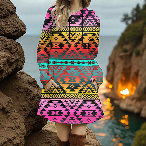 GB-NAT00689 Native American Women Longline Hoodie Dress