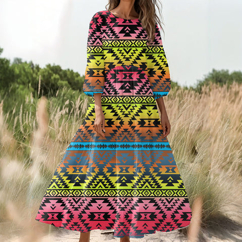 GB-NAT00689v2 Native American Women Puff Sleeve Maxi Dress