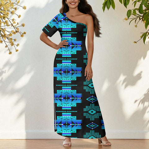 GB-NAT00720-04 Native American One-Sleeve Off-Shoulder Maxi Dress