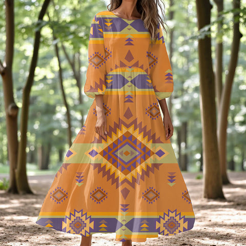 GB-NAT00738 Native American Women Puff Sleeve Maxi Dress