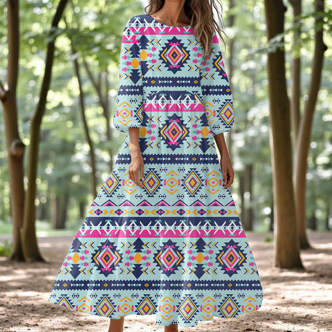 GB-NAT00741 Native American Women Puff Sleeve Maxi Dress