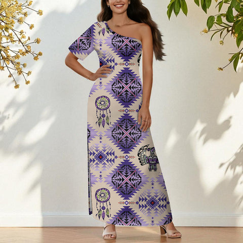 GB-NAT00744-02 Native American One-Sleeve Off-Shoulder Maxi Dress