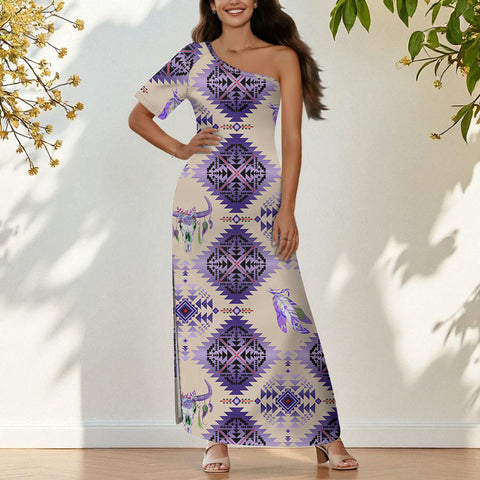 GB-NAT00744-06 Native American One-Sleeve Off-Shoulder Maxi Dress