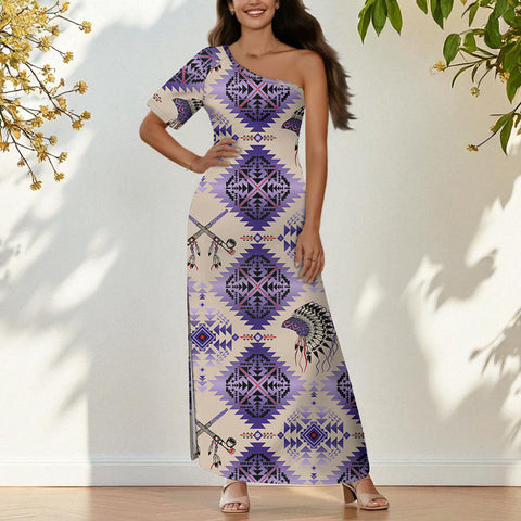 GB-NAT00744 Native American One-Sleeve Off-Shoulder Maxi Dress