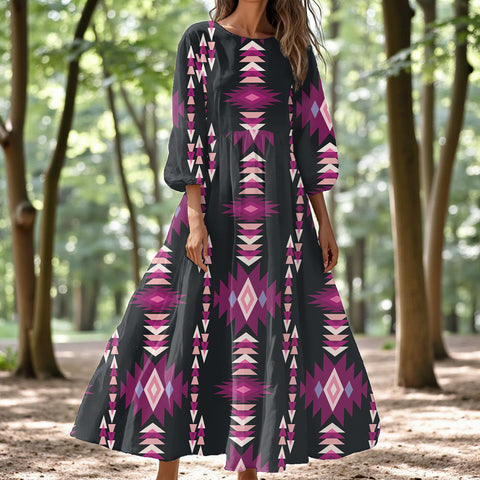 GB-NAT00773 Native American Women Puff Sleeve Maxi Dress