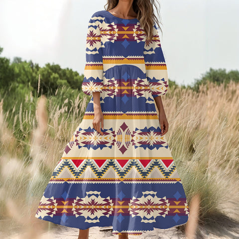 MXD00020 Native American Women Puff Sleeve Maxi Dress