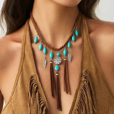 Boho Ethnic Feather Tassel Necklace – Woven Rope Choker with Natural Stone Pendant