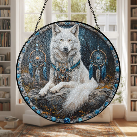 SC250404M16 Wolf Native American Stained Glass Suncatcher
