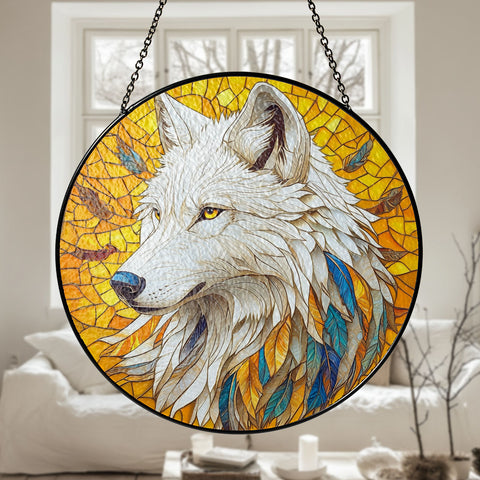 SC250404M17 Wolf Native American Stained Glass Suncatcher