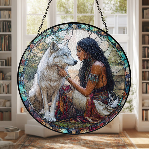 SC250404M18 Woman and Wolf Native American Stained Glass Suncatcher