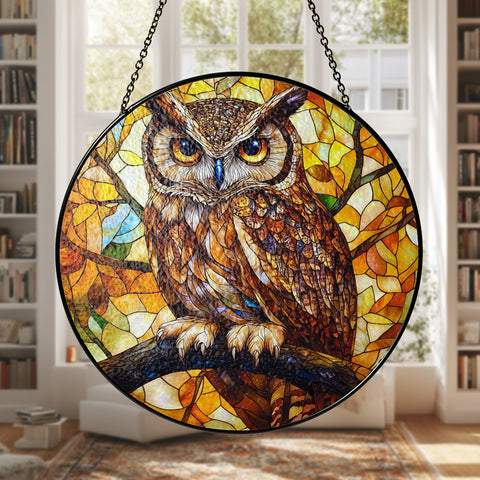 SC250404M19 Owl Native American Stained Glass Suncatcher