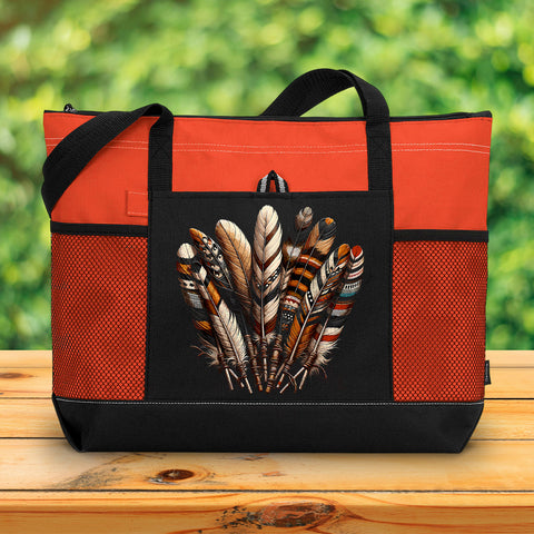 Southwest Native American Indian Feather NAT240710-M092 Tote Bag With Mesh Pockets