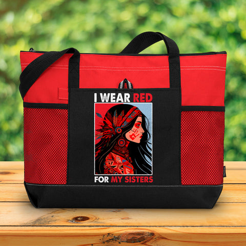 TS00199 I Wear Red For My Sisters Native American Stop MMIW Red Hand No More Stolen Sisters Tote Bag With Mesh Pockets