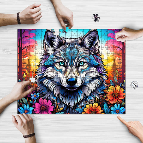 Wolf Native Floral Colorful Rectangle Puzzle