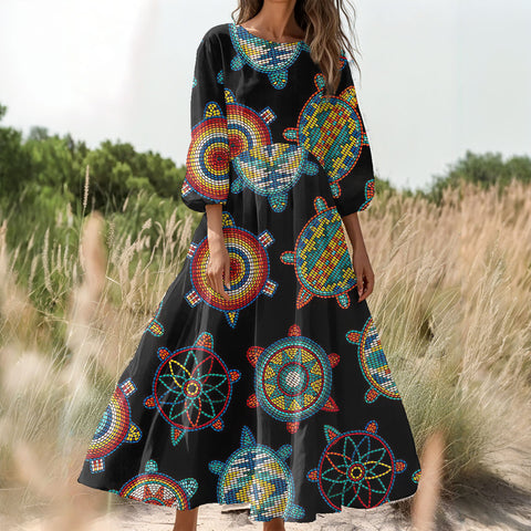 YP250317M02 Native American Women Puff Sleeve Maxi Dress