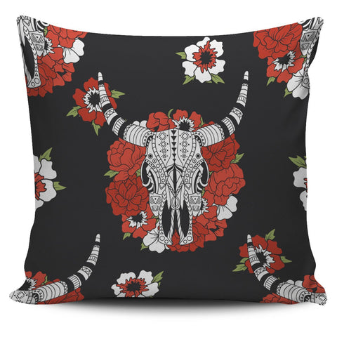 Bison And Red Flowers  Native American Pillow Covers - Powwow Store