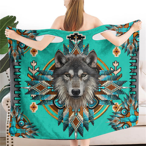 Powwow StoreGBNAT00635  Turquoise Tribe  Wolf Wearable Bathrobe Bath Wrap Towel