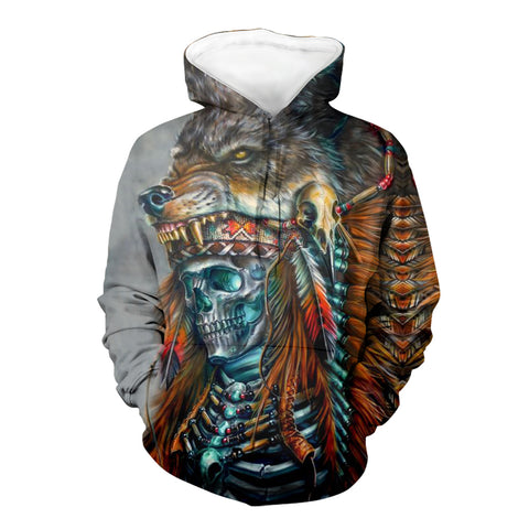 Powwow Store gb nat00409 skull chief with wolf headdress 3d hoodie