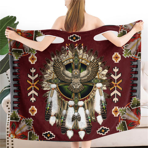 Powwow StoreBR0019  Red Thunderbird Pattern Wearable Bathrobe Bath Wrap Towel