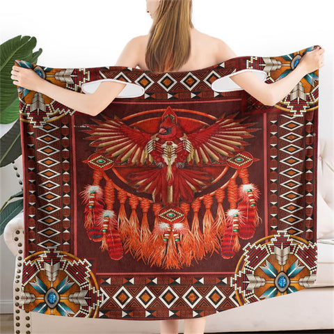 Powwow StoreBR0025  Red Mandala Thunderbird Wearable Bathrobe Bath Wrap Towel