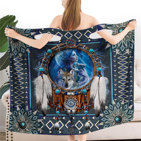 Powwow StoreBR0028  Blue Mandala Thunderbird Wearable Bathrobe Bath Wrap Towel