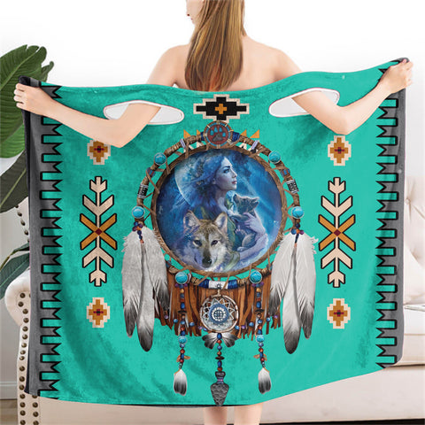 Powwow StoreBR0029  Blue Dreamcatcher Wearable Bathrobe Bath Wrap Towel
