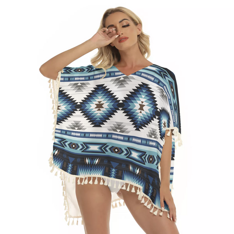Powwow Store gb nat00528 blue colors pattern square fringed shawl