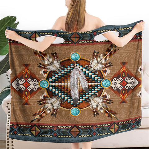 Powwow StoreBR0033  Brown Mandala Feather Native Wearable Bathrobe Bath Wrap Towel