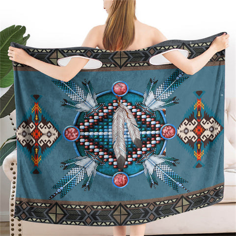 Powwow StoreBR0032  Blue Mandala Feather Native Wearable Bathrobe Bath Wrap Towel